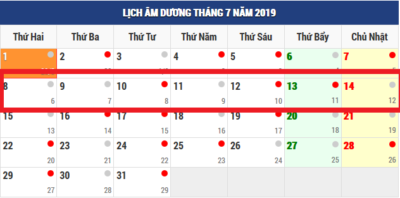 Lịch đào tạo tuần từ ngày 08-14 tháng 7 năm 2019