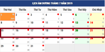 Lịch đào tạo tuần từ ngày 15-21 tháng 7 năm 2019